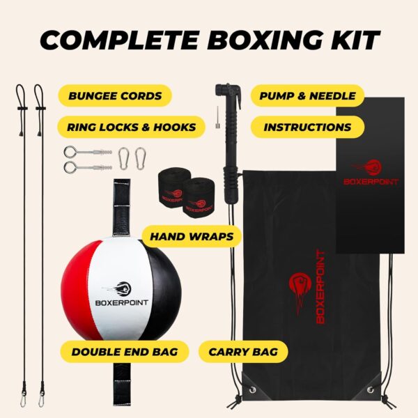 Bola de boxe com extremidade dupla – Bolsa de boxe de extremidade dupla de couro sintético – Saco de pancadas com cabos ajustáveis, bomba, kit de instalação – Saco de pancada com extremidade dupla - Image 2