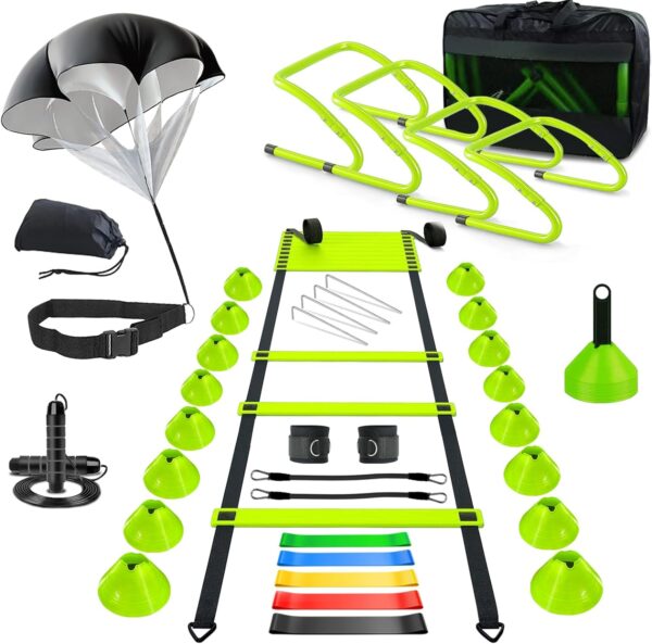 Equipamento de treinamento de agilidade, equipamento de treinamento de futebol inclui escada de agilidade de 6 m, 4 obstáculos de agilidade ajustáveis, 16 cones de futebol, paraquedas, para treinamento de atletas de futebol e basquete