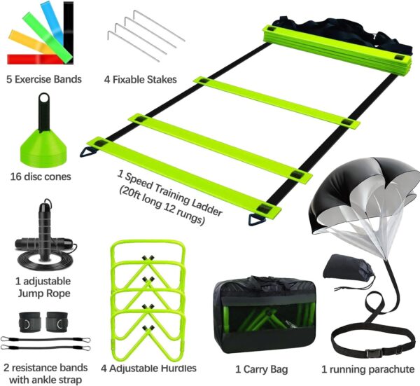 Equipamento de treinamento de agilidade, equipamento de treinamento de futebol inclui escada de agilidade de 6 m, 4 obstáculos de agilidade ajustáveis, 16 cones de futebol, paraquedas, para treinamento de atletas de futebol e basquete - Image 2