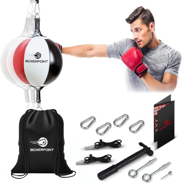 Bola de boxe com extremidade dupla – Bolsa de boxe de extremidade dupla de couro sintético – Saco de pancadas com cabos ajustáveis, bomba, kit de instalação – Saco de pancada com extremidade dupla